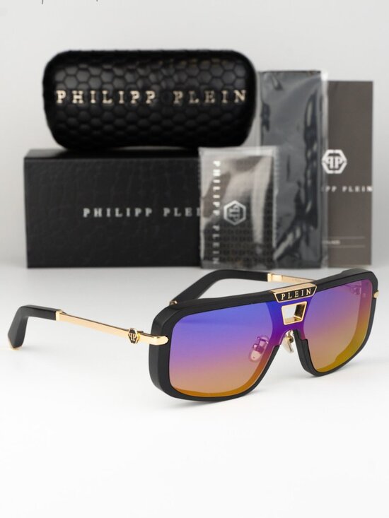 Philipp Plein Women Sunglasses Black Grey Rainbow Mirror Pilot SPP008M 703V NEW main image 11